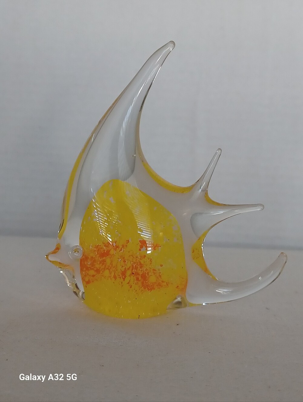 Murano Style Handblown Angel Fish, Clear, Yellow, and Orange Glass. 4.5"
